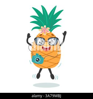 Lustige Ananasfigur mit Kamera im Urlaub. Sommer-Zeichentrickfilm-Illustration. Y2K-Aufkleber. Stock Vektor