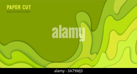 Grünbuch Schnitt Topographie Hintergrund. Vektor-realistische Illustration der abstrakten Präsentationsschablone mit ausgeschnittenen Berg- oder Grasschichten, topographischem Origami-Muster, Farbverlaufswelleneffekt Stock Vektor