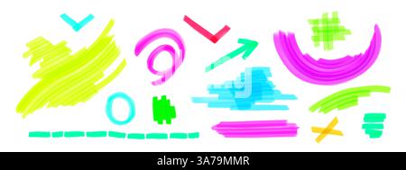 Neonfarben Markierungslinien, Pinsellinien Set aus hellen Zeichnungselementen. Handgezeichnete Graffiti-Formen, Kreuze, Pfeile und Kreise kritzeln auf weißem Hintergrund. Textmarker-Vektorskizze Stock Vektor