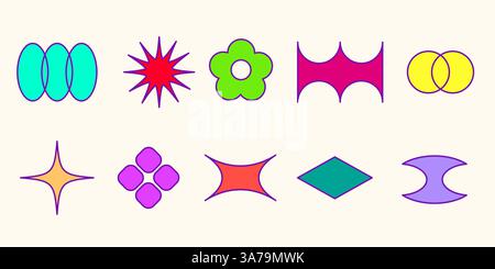 Farbenfrohe Retro-Form im y2k-Stil – überlappende ovale, Blume und Stern sowie geschwungene Rautenrahmenelemente. Einfache flache geometrische Figuren mit leuchtenden Farben sorgen für ein funky inspiriertes Grafikdesign. Stock Vektor