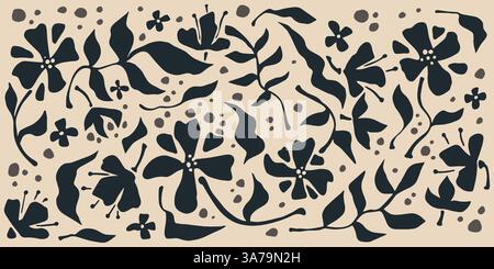 Abstraktes Blumenmuster auf beigefarbenem Hintergrund. Zeitgenössische Vektor-Illustration von schwarzen ausgeschnittenen Blumen und Blättern, nahtlose natürliche Verzierung, trendige tropische Stoff- oder Bannerdesign, Bohemian Poster Stock Vektor