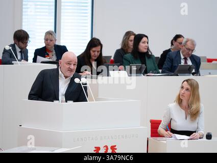 Potsdam, Deutschland. März 2025. Robert Crumbach (BSW), brandenburgischer Finanz- und Europaminister, spricht während der Sitzung des brandenburgischen landtags in der Fragestunde. Quelle: Soeren Stache/dpa/Alamy Live News Stockfoto