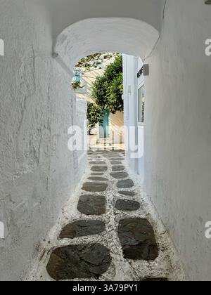 Ein bezaubernder Blick auf eine enge Gasse im Stadtteil Little Venice von Mykonos in Griechenland. Stockfoto