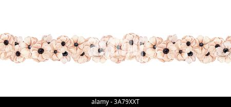 Aquarell handgezeichnete nahtlose Grenze mit verschiedenen pfirsichrosa Anemonen in blühenden Blumen. Kann auf Textilien und Papierprodukten sowie anderen Stoffen verwendet werden Stockfoto