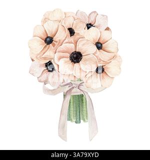 Aquarell handgezeichneter Blumenstrauß mit verschiedenen pfirsichfarbenen Anemonen in einer blühenden Blüte, die mit einer Schleife gebunden ist. Kann auf Textilien und Papierprodukten verwendet werden Stockfoto