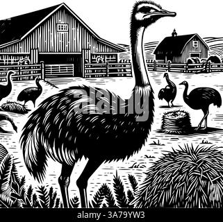 Emu-Farm-Szene. Schwarz-weiße Holzschnitt-Illustration des Emus in einem Bauernhof mit Scheunen und Nestern. Stock Vektor