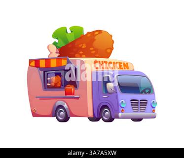 Cartoon Street Food Truck, Vintage Festival Foodtruck mit gebratenem Huhn, mit einem großen knusprigen Trommelstock auf dem Dach. Isolierter Vektor mobiler Gaststättenwagen hat ein Servicefenster mit gestreiftem Markise Stock Vektor