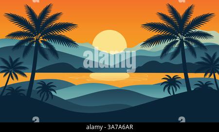 Sommer Sonnenuntergang Landschaft Illustration mit Palmen und Bergen flache Vektor. Stock Vektor