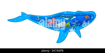 Meerwal Papier geschnittene Silhouette mit Unterwasserlandschaft und Zeichentricktiere innerhalb 3D Vektor Papierschnitt Rahmen. Rand in Form von Gebläse, Sperma oder cachalot mit aquatischer Vegetation, Oktopus und RobbenV Stock Vektor