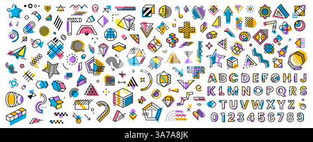 Abstrakte geometrische memphis-Formen und -Elemente. Vektorlinien-Kunstformen und englische Alphabet-Schrift mit modernem grafischem memphis-Muster. Abstrakte geometrische Figuren und Umrissfarbbuchstaben Stock Vektor