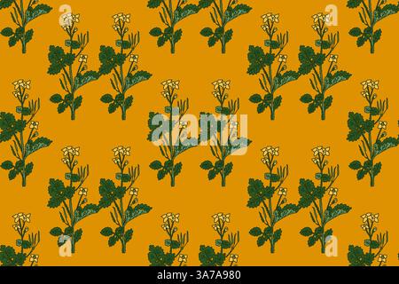 Botanisches florales nahtloses Muster mit Celandine Blumen Vektor Illustration. Wiederkehrendes grünes Pflanzenmuster auf gelbem Hintergrund. Grafikdesign für F Stock Vektor