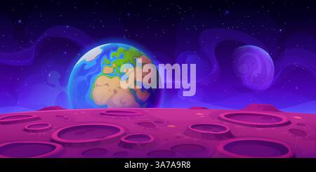 Blick auf die Erde und die Oberflächenlandschaft des außerirdischen Planeten für Galaxie-Fantasy, Vektor-Hintergrund. Violette Planetenoberfläche mit Kratern und Blick auf den Erdplaneten am Sternenhimmel zwischen Galaxiensternen im Weltraum Stock Vektor