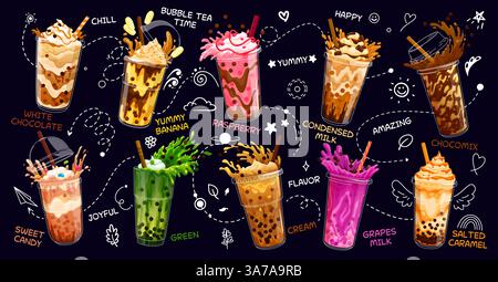 Zeichentrickfilm Milchblase Teegläser mit Getränkespickel. Vektor-Set von Aromen wie weiße Schokolade, leckere Banane, Himbeere und Kondensmilch. Chocomix, Süßigkeiten, Grün, Creme, Trauben oder gesalzenes Karamell Stock Vektor