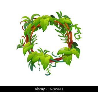 Afrikanischer Regenwald Dschungel Efeu Liana Zweig Rahmen. Afrikanischer Regenwald Dschungel Rebe Sträucher Rundrahmen, tropische Waldflora Kriecher Farn Zweig Vektor Banner. Kletterpflanze im Regenwald verlässt die Grenze Stock Vektor