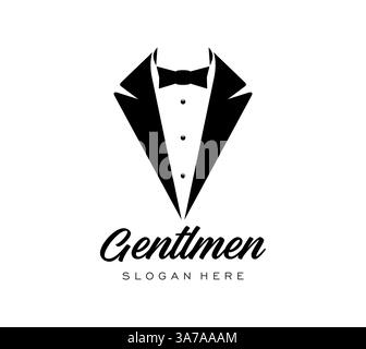 Schwarze Smoking-Anzug-Ikone. Schwarz-weißes Vektor-Emblem mit einem Smoking mit Schleife, symbolisiert Eleganz, Raffinesse und formelle Kleidung. Das Label steht für Luxusmode für Männer und Premium-Services Stock Vektor
