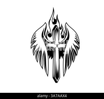 Christentum Kreuz Tattoo mit Feuer und Flügeln. Das schwarz-weiße Vektorkreuz, flankiert von Engelsflügeln, symbolisiert Glauben, Schutz, Kraft und Kraft, die heilige spirituelle und religiöse Elemente miteinander vermischen Stock Vektor