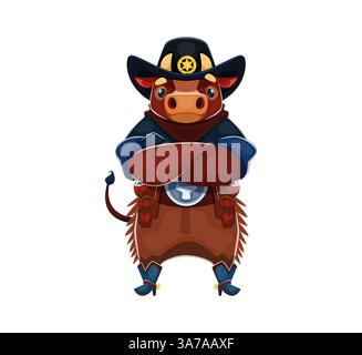 Cartoon-Bullen-Tier-Sheriff-Charakter in Cowboyhut mit Sternenabzeichen, robusten Stiefeln mit Sporen und Western-Outfit. Mit überkreuzten Armen und hartem Ausdruck verkörpert er das Recht und die Ordnung des Wilden Westens Stock Vektor