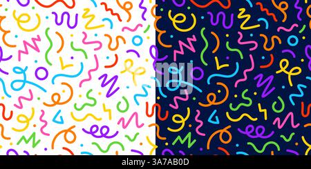 Nahtloses Muster für Kinder im Urlaub. Farbig gewirbelte Liniendekoration. Vektor verspielte und farbenfrohe Kritzelkurven über einem zweiteiligen Hintergrund aus weiß und Blau. Kreatives Konfetti-Motiv für Partys Stock Vektor