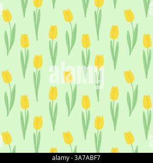 Gelbes Tulpenmuster, einfacher floraler hellgrüner Hintergrund, Sommerstimmung. Vektorabbildung Stock Vektor