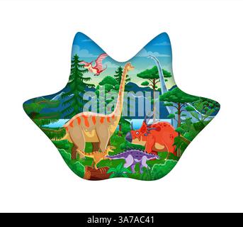 Papierrahmen für Dinosaurier mit prähistorischen Echsen und jurassischen Reptilien, Vektorplakat. Dino-Charaktere im Walddschungel für Kinder-Dino-Enzyklopädie, Paläontologie-Dinosaurier-atlas oder Geschichtenbuch Stock Vektor