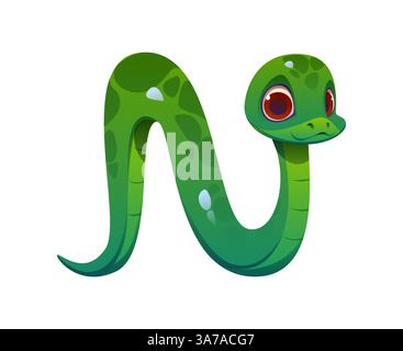 Buchstabe N als süße grüne Schlangenfigur, Kinder-Tier-Alphabet. Zeichentrickfilm abc für die Kindererziehung als lustiges Reptil mit freundlichen Augen und verspieltem Ausdruck. Zoo Maskottchen Schriftart, Kinder englische Schriftart Stock Vektor
