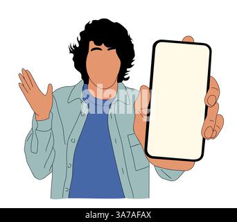 Junger Mann, der ein großes Handy hält und einen leeren Bildschirm zeigt Stock Vektor