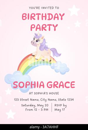 Pastellfarbenes Einhorn, das auf Regenbogen mit Wolken läuft, in einem süßen Geburtstagseinladungsdesign Stock Vektor