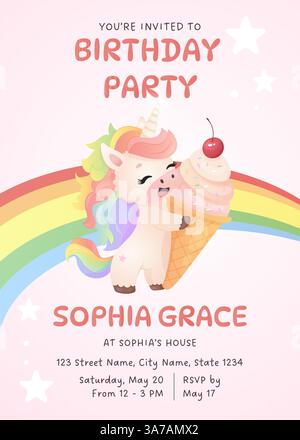 Einhorn-Geburtstagsfeier mit Regenbogeneis Stock Vektor