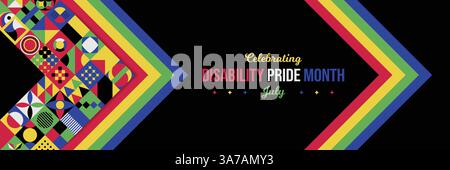 Feiern Der Disability Pride Month Neo Geometrischer Hintergrund. Abstraktes geometrisches Poster für Juli. Vektorillustration für horizontales Banner. Website Stock Vektor