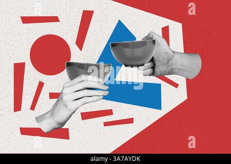 Trend-Artwork Poster Composite-Skizze Bild Collage von asiatischen orientalischen östlichen Element Hand halten Schüssel Becher Getränk Teatime Rest Stockfoto
