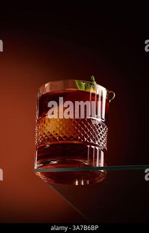 Glas mit Whiskey- und Zitrusschale auf dunkelorangefarbenem Hintergrund, das vor Wärme leuchtet. Stockfoto