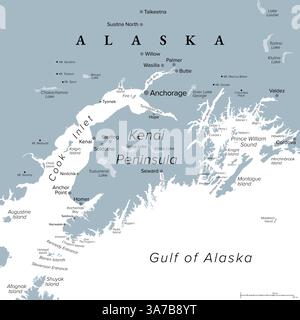 Anchorage und Kenai Peninsula, graue politische Karte. Anchorage, die bevölkerungsreichste Stadt Alaskas, und die Kenai-Halbinsel im Süden. Stockfoto