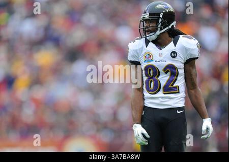 DEZEMBER 2012: Baltimore Ravens Wide Receiver Torrey Smith (82) wartet auf den Snap während des Matchups zwischen den Baltimore Ravens und den Washington Redskins im FedEx Field in Landover, MD. (Bild: © John Middlebrook/Cal Sport Media/ZUMAPRESS.com) Stockfoto