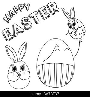 Lustige Ausmalseite in Schwarz und weiß mit anthropomorphen Ostereiern der Familie, einem Osterhasen und - Happy Easter - Text in Fettschrift. Stock Vektor