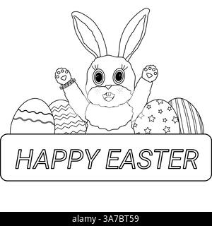 Schwarz-weiß-Ausmalseite mit einem fröhlichen anthropomorphen Osterhasen mit dekorierten Ostereiern und - Happy Easter - Text. Stock Vektor