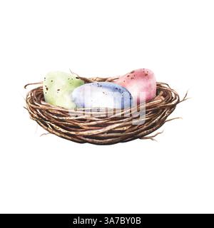Ein Vogelnest mit Ostereiern. Frühlings- und Ostersymbol. Handgezeichnete Aquarellillustration isoliert auf weißem Hintergrund. Für Clip Art Karten Einladung Stockfoto
