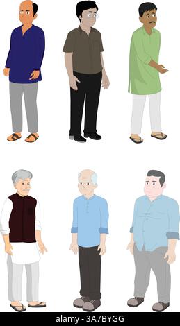 Indische männliche Charaktere mit verschiedenen Alters, Kleidern und Farben. Asiatische Männer, die Posen-Sammlung auf weißem Hintergrund stehen Stock Vektor