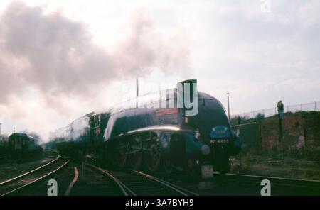 Original-35-mm-Diafilm aus den 1960er Jahren mit der legendären LNER-Klasse A4-Dampflokomotive Nr. 4498 „Sir Nigel Gresley“. Die Bilder, die während eines Eisenbahnereignisses aufgenommen wurden, zeigen die stromlinienförmige blaue Lokomotive, umgeben von Dampf, Zuschauern und Vintage-Wagen, die an das goldene Zeitalter der britischen Dampfeisenbahnen erinnern. Stockfoto