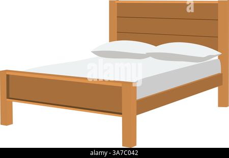 Vektorillustration eines Bettes in einem Hotelzimmer. Ein Holzbett mit einem weißen Laken und zwei Kissen darauf Stock Vektor
