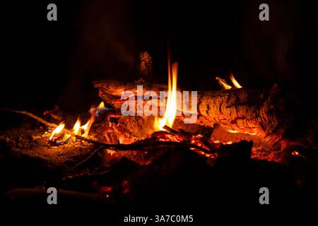 Nahaufnahme eines brennenden Baumstamms in einem Lagerfeuer mit hellen Flammen und glühender Glut. Das Brennholz knistert, wenn die Wärme abstrahlt, und schafft ein gemütliches und warmes Ou Stockfoto