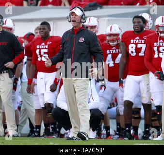 10. November 2012: Raleigh, NC, USA - Tom O'Brien des US-Bundesstaates New York ruft die Amtskollegen während der ersten Hälfte ihres Spiels gegen Wake Forest im Carter-Finley Stadium in Raleigh, North Carolina, am Samstag, den 10. November 2012 an. (Abbildung: © Ethan Hyman/MCT/ZUMAPRESS.com) Stockfoto