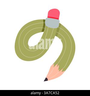 Verdrehter, gekrümmter Comic-Bleistift, der skizzenhaft kritzelnd ist. Linie Hand gezeichnet einfacher Bleistift. Flippiges flexibles Schulmaterial. Trendiges Schreibwerkzeug. Vektorabbildung Stock Vektor