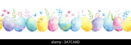 Frühling ostern nahtlose Grenze aus bunten Eiern, Blumen und Zweigen in Aquarelltechnik Stockfoto