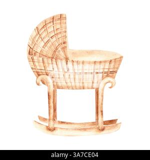 Babywiege aus Rattan. Handgezeichnete Aquarellkrippe Illustration im Öko-Stil. Kinderzubehör für Neugeborenen- oder Geburtstagskarten, Baby Stockfoto