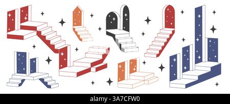 Set aus unmöglichen Treppen und Türöffnungen im Vintage-Stil. Optische Illusionstreppen. Surreal endlose Leitern, Bögen und Stufen. Architektonische Fantasy-Elemente im Retro-Stil mit funkelnden Sternen. Stock Vektor