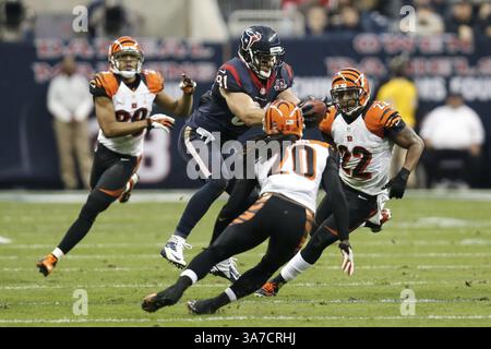 Januar 2013 - Houston, Texas, USA S - Houston Texans Tight End OWEN DANIELS (81) verteidigt den Fang von Cincinnati Bengals im Reliant Stadium in Houston, Texas. Die Texaner besiegten die Bengalen 19:13. (Kreditbild: © Tim Warner/ZUMAPRESS.com) Stockfoto