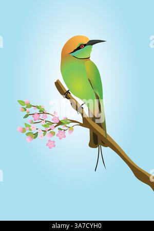 Eine Illustration eines grünen Bienenfressers. Der Vogel steht auf einem Zweig mit rosa Blüten. Stock Vektor