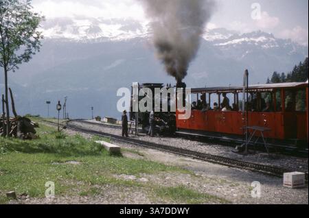 Eine Dampflokomotive der Brienzer Rothornbahn fährt in Richtung Rothorn Kulm im Berner Oberland. Dieses Bild wurde im Juni 1961 aufgenommen und zeigt einen offenen Personenwagen voller Besucher, während Rauchwolken vor einer dramatischen alpinen Kulisse aufsteigen. Stockfoto