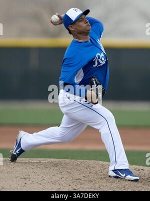 20. Februar 2013 - Surprise, AZ, USA - Kansas City Royals Pitcher Atahualpa Severino wirft während eines Intrasquad-Spiels im Frühjahr am Mittwoch, den 20. Februar 2013, in Surprise, Arizona. (Kreditbild: © John Sleezer/MCT/ZUMAPRESS.com) Stockfoto