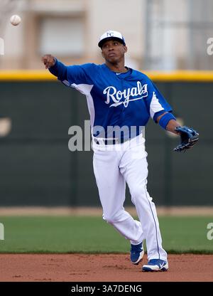 20. Februar 2013 - Surprise, AZ, USA - Kansas City Royals Shortstop Alcides Escobar wirft einen Läufer während eines Frühjahrstraining-Intrasquad-Spiels am Mittwoch, den 20. Februar 2013, in Surprise, Arizona, zunächst auf einem Grounder aus. (Kreditbild: © John Sleezer/MCT/ZUMAPRESS.com) Stockfoto